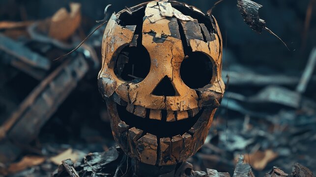 Creepy Halloween Jack O Lantern Scarecrow Figure in Abandoned Setting.