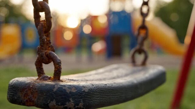 A Nostalgic View of an Abandoned Swing Set in a Playground During Golden Hour, Capturing the Beauty of Nature and Childhood Memories