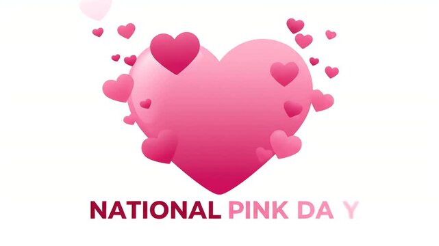 Pink heart shape animation for national pink day celebration with floating small hearts on white