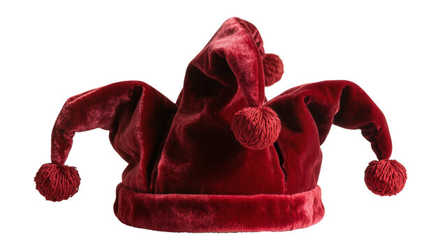 Red velvet jester hat with pom poms