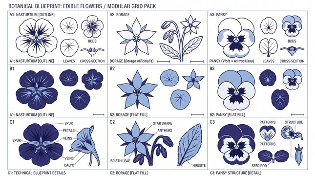 Botanical Blueprint Edible Flowers, Modular Grid Pack, detailed Nasturtium, Borage, and Pansy illustrations, perfect for culinary design and educational resources