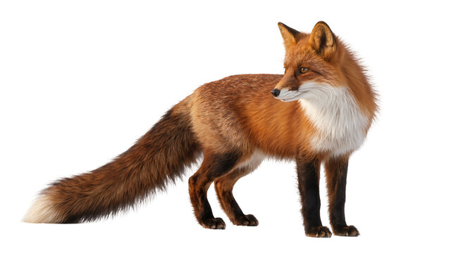 Red fox standing profile view with bushy tail and white chest