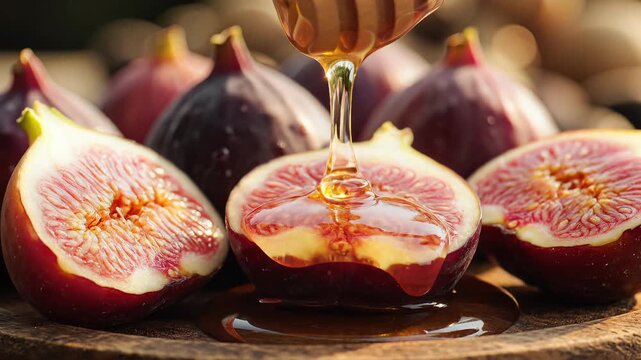 Sweet honey drizzling on ripe fig halves closeup macro food photography