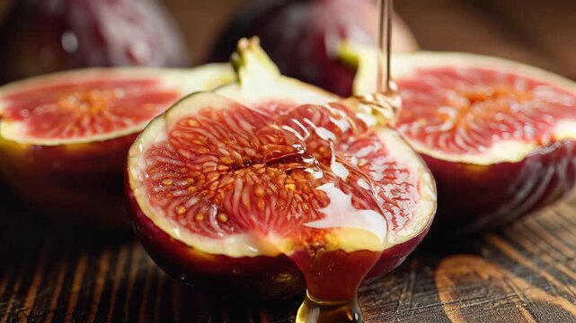 Sweet liquid pouring over ripe fig halves on wooden surface macro view