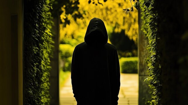 Mysterious hooded figure standing in a garden doorway at dusk.
