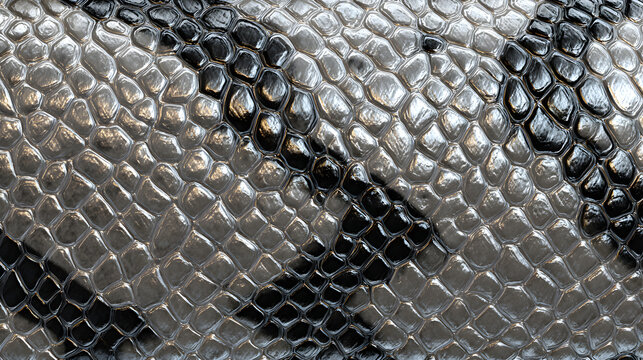 Exotic snakeskin texture background, macro snake skin pattern with black and grey scales, reptile leather material