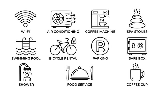 Minimal hotel amenities icon collection with WiFi pool spa and coffee