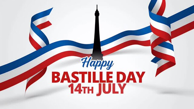 Eiffel tower silhouette with french flag ribbons for happy bastille day celebration on 14th july