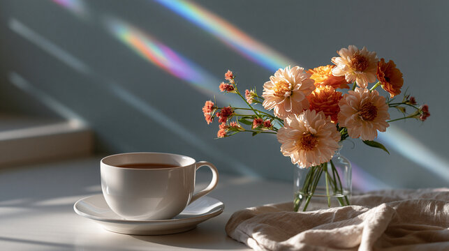 Calm wellness scene with gentle rainbow light filtering through a window showcasing emotional wellbeing and premium mindful lifestyle concept
