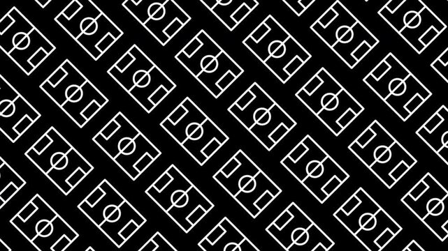 Seamless loop animation of a minimalist football field soccer pitch pattern with white outline icons moving diagonally on a black background