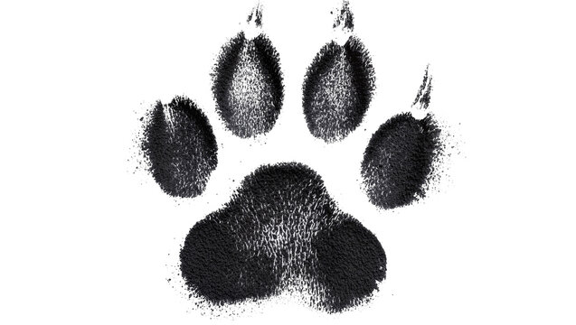 Black textured dog paw print, isolated on transparent background