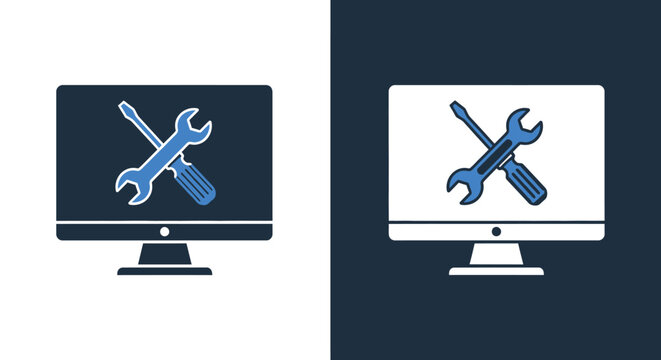 Computer repair and maintenance service icons on light and dark backgrounds monitor with crossed screwdriver and wrench tools for technical support concept.
