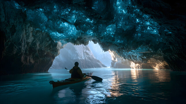 Bioluminescent glowworm cave kayaking adventure, person paddling through magical blue light cavern, underground water tour