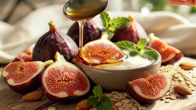 Sweet ripe fig fruit with yogurt and honey healthy breakfast ingredients rustic setting