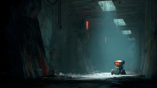 Futuristic small robot in dark industrial tunnel, cinematic sci-fi scene with volumetric light, lonely droid in bunker