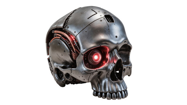 Metallic cyborg skull with glowing red eye and exposed wires, isolated on transparent background