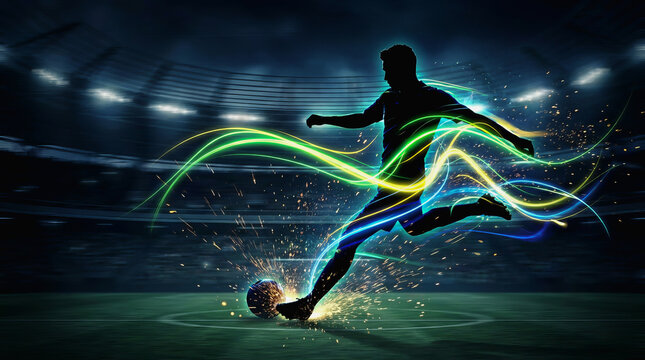 Soccer player silhouette kicks ball with colorful light trails in stadium at night