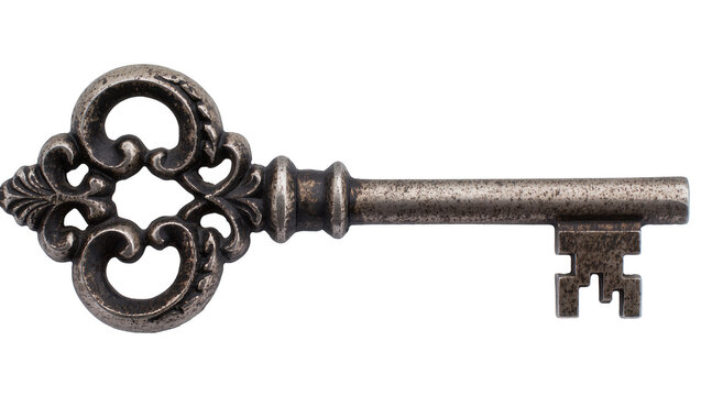 Antique ornate metal skeleton key with decorative bow, isolated on transparent background