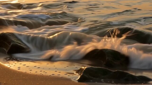 Ebbing tide washing over mossy rocks at sunset (AI Generated)