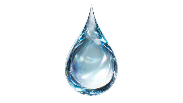 Clear blue water drop with reflections, isolated on transparent background