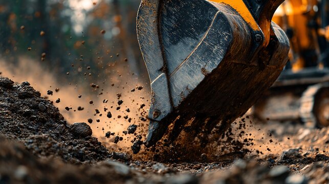A close-up of an excavator&rsquo;s bucket scooping dirt from the ground