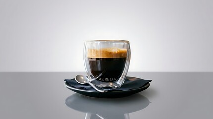 Naklejka premium Espresso shot in transparent glass cup on reflective black saucer minimalist setting