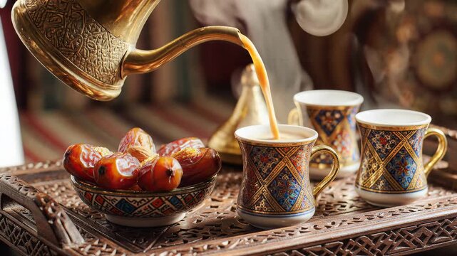 Traditional hospitality serving hot beverage and dried fruit on decorative tray