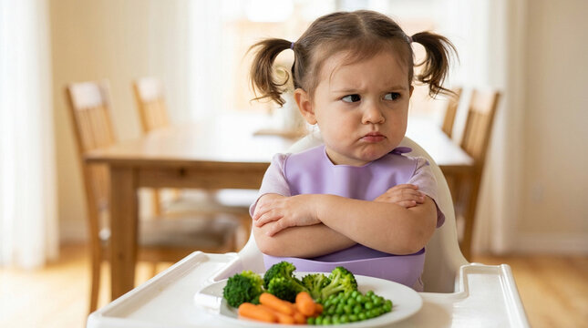 Toddler girl with pigtails looking unhappy at her plate of vegetables in a high chair