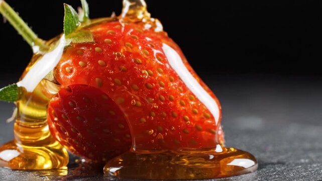 A Beautifully Ripe Strawberry Dripping with Golden Honey, Showcasing a Perfect Fusion of Sweetness and Freshness in a Close-Up Capture of Nature's Delights