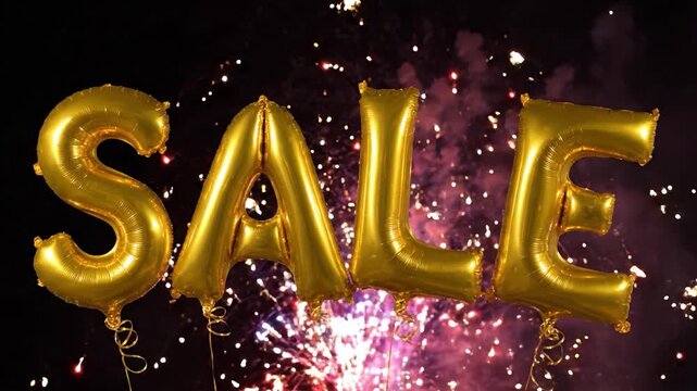 A Vibrant Celebration of Discounts: Eye-Catching Golden Balloon Letters Spelling SALE Against a Dark Background with Sparkling Effects