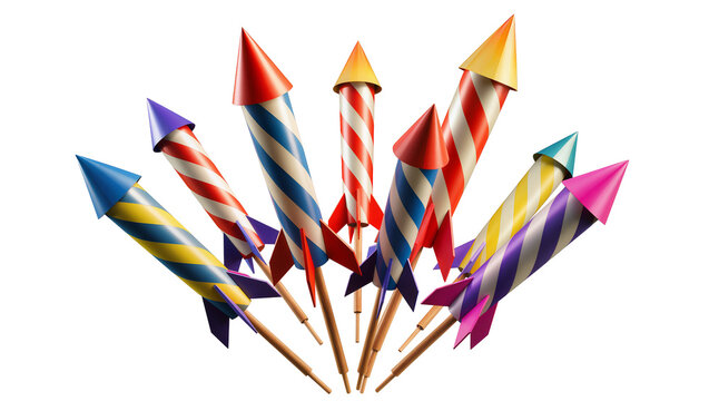 Colorful striped fireworks rockets with pointed tips and fins