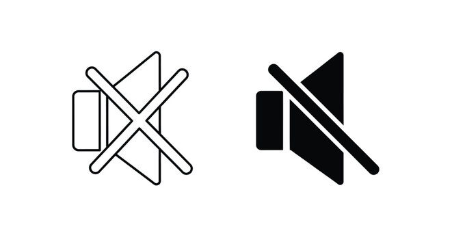 Mute speaker icon line and solid black white variations representing sound off or silent mode vector graphic.