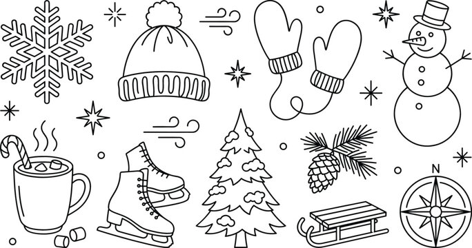 Winter holiday line art icon set featuring snowflake snowman mittens beanie hat ice skates sled pine tree cocoa
