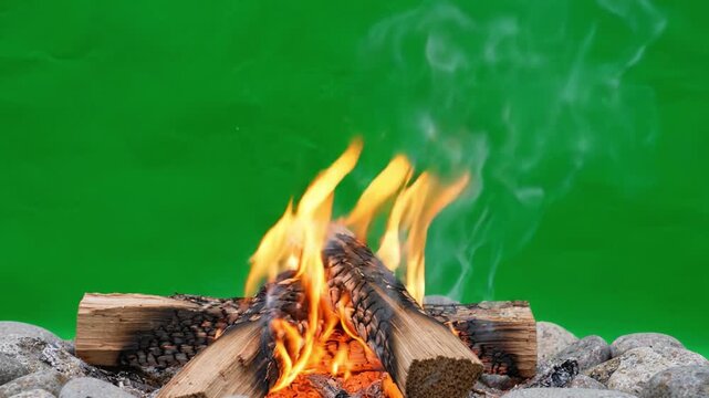 Vivid Flames Dancing Over Logs: A Captivating Campfire Experience Nestled Among Smooth Stones with Green Backdrop