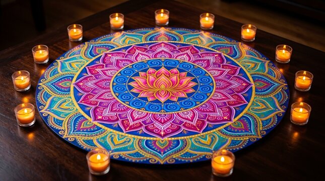Image showcases a vibrant and intricate mandala design, featuring a symmetrical layout with a central floral motif. The mandala is composed of concentric layers of patterns in vivid colors, including 