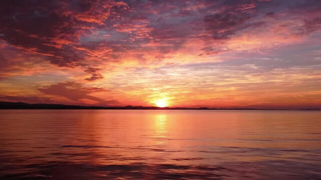 A Breathtaking Sunset Over Calm Waters: Vibrant Hues of Orange, Pink, and Purple Reflecting Off the Serene Waves, Creating a Magical Scene of Nature's Beauty