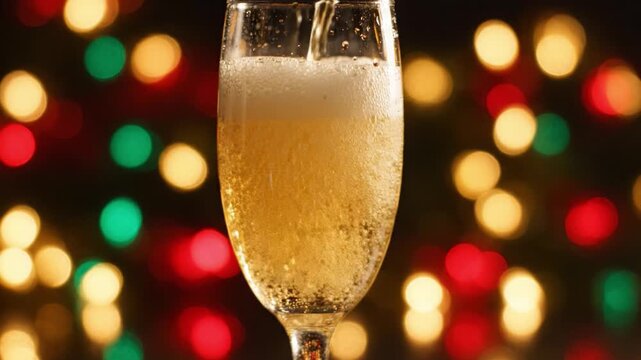 A close-up view of a sparkling champagne glass being filled with bubbly liquid, surrounded by a festive background of colorful lights that enhance the celebratory mood.