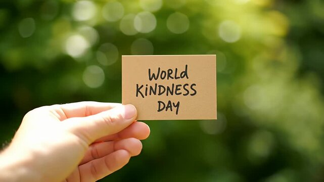 World kindness day handwritten message on a paper card held by a person in a sunny green garden
