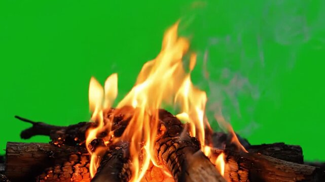 Captivating Flames Emitting from a Campfire on a Vibrant Green Background, Creating a Cozy and Inviting Atmosphere for Gatherings and Relaxation
