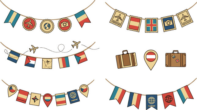 Travel themed banner flags with airplanes and luggage on white background
