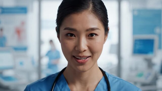 A Compassionate Healthcare Professional Sharing a Warm Smile in a Modern Medical Environment, Radiating Confidence and Dedication to Patient Care and Well-Being