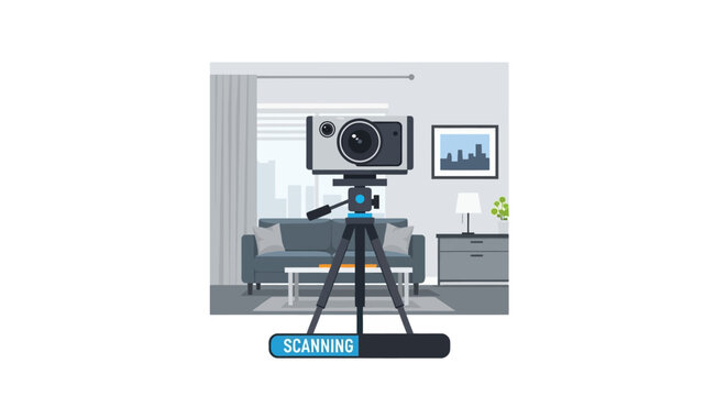Professional 3D Camera Scanner on Tripod Capturing Virtual Tour in Modern Living Room, Real Estate Digital Twin Technology Illustration