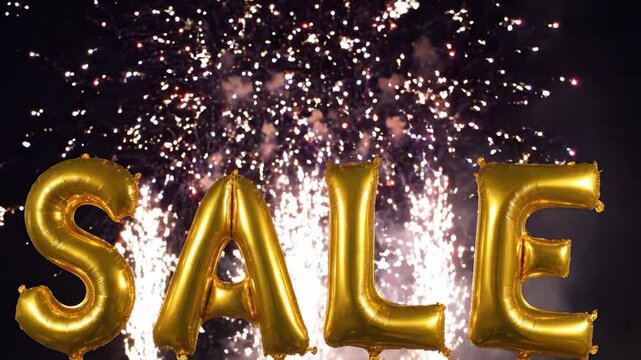 Celebratory Announcement of Exciting Discount Event with Eye-Catching Golden Balloons Against a Spectacular Fireworks Backdrop