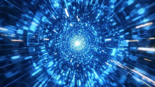 A Dynamic Visualization of a Radiant Blue Energy Core Surrounded by Expanding Light Particles in a Hyperspace Tunnel, Evoking a Sense of Infinite Depth and Motion