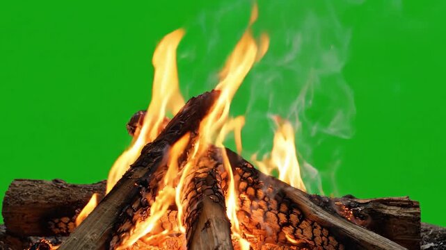 A Captivating Display of Flames and Smoke from a Firewood Bonfire Against a Vivid Green Background, Showcasing the Dance of Firelight and Textured Logs