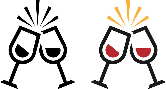 Two wine glasses clinking together icon, cheers symbol