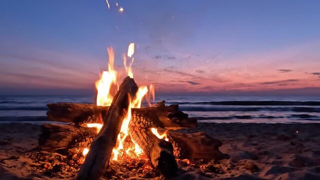 A Cozy Beach Bonfire at Dusk: Witness the Warmth and Beauty of Flames Dancing Against a Colorful Sunset Over the Calm Ocean Waves
