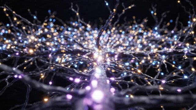 A Stunning Display of Twinkling Lights: An Up-Close Exploration of Illuminated Branches Creating a Captivating Visual Experience in a Darkened Setting