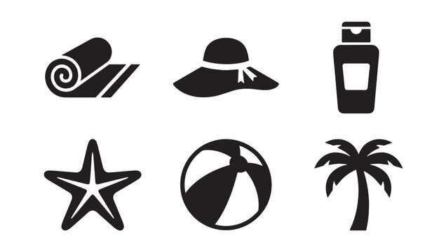 Summer beach accessories and vacation essentials icon set with vacation essentials accessories sunscreen starfish beachball tropical adventure lifestyle collection illustration silhouette