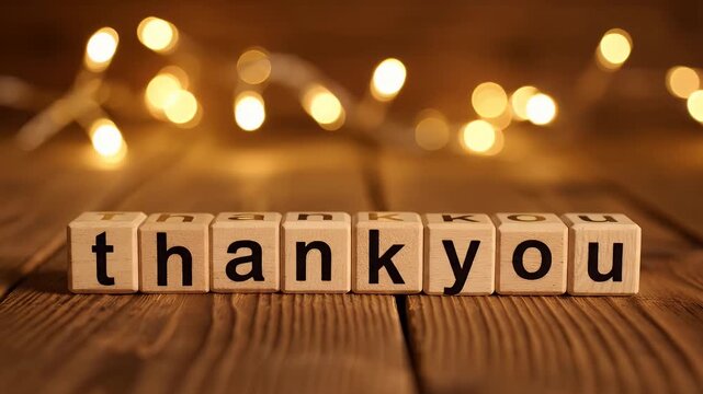 Thank you word spelled with wooden blocks on a rustic table with warm glowing bokeh fairy lights